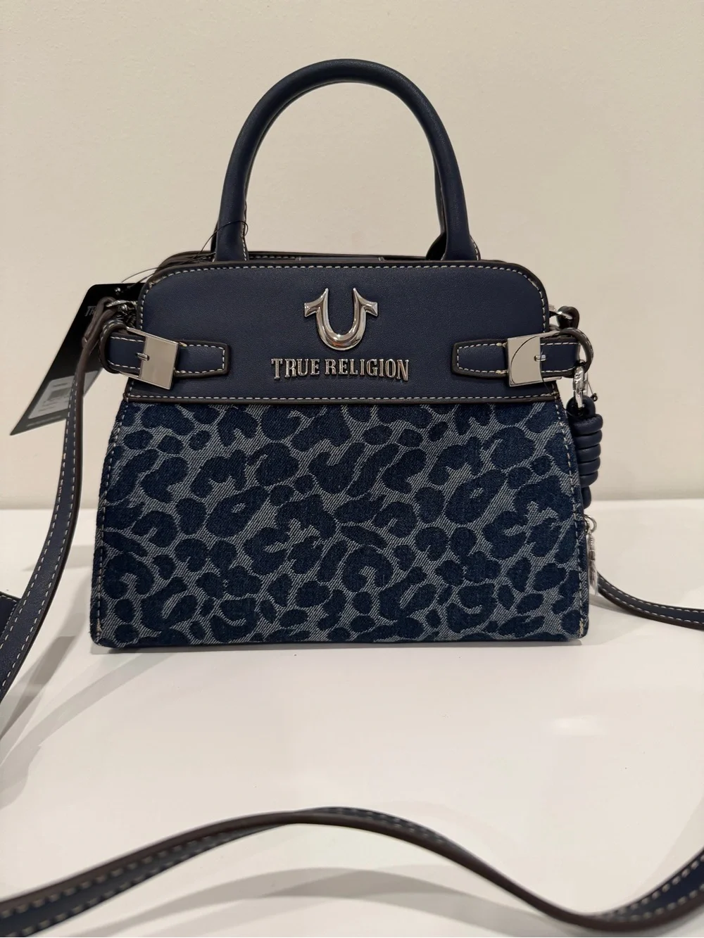 True Religion Women's Navy Leopard Denim Satchel